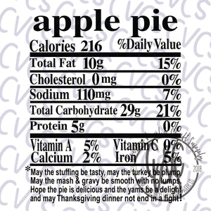 Nutritional Value - Apple Pie *** SUBLIMATION ONLY ***
