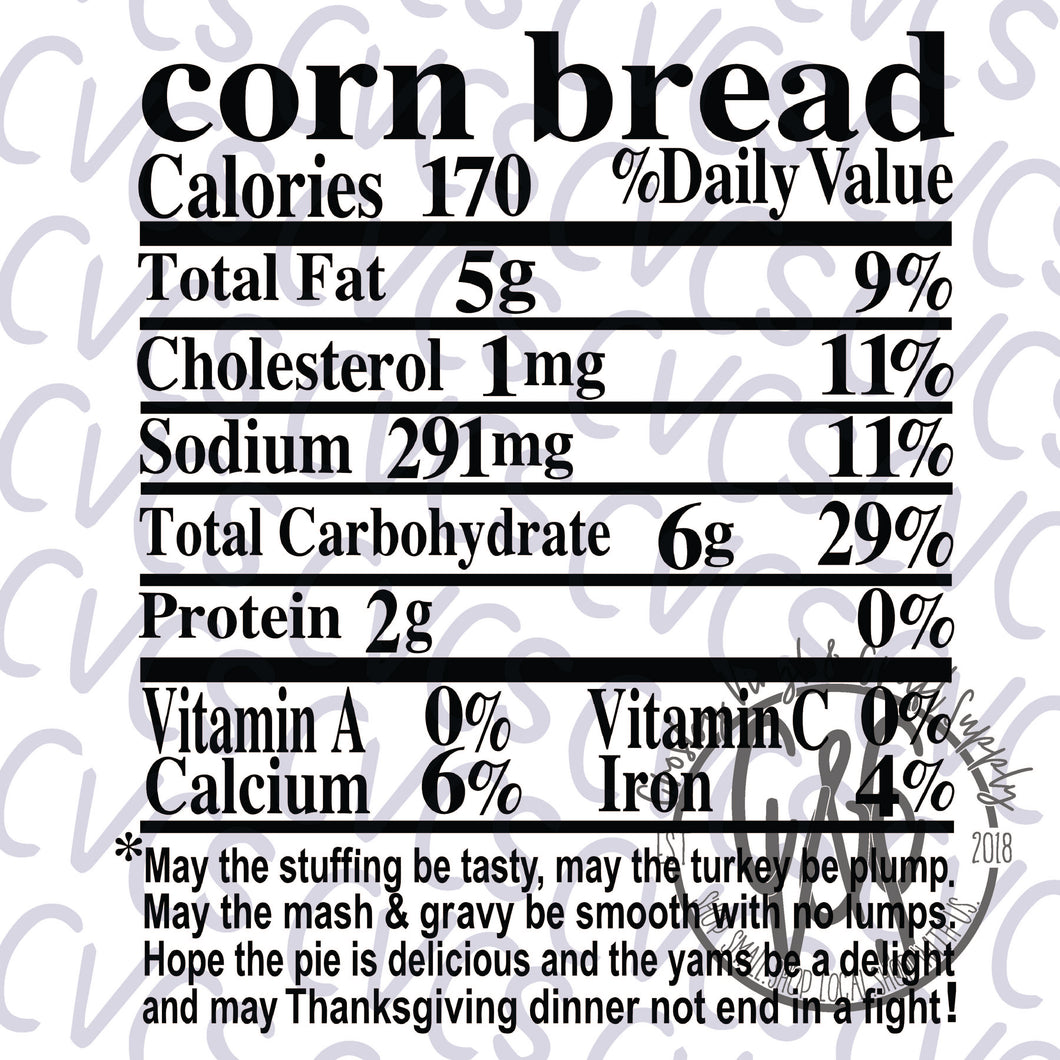 Nutritional Value - Corn Bread *** SUBLIMATION ONLY ***