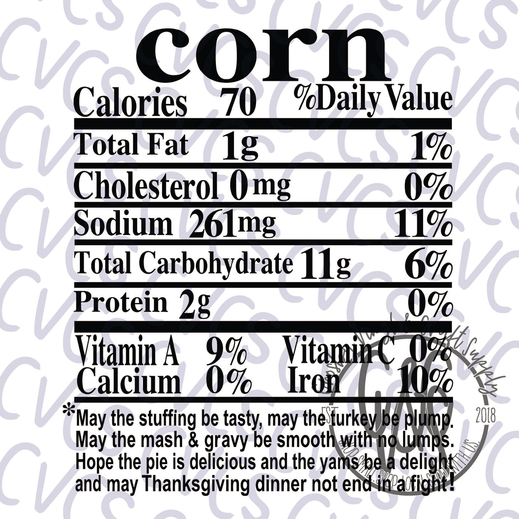 Nutritional Value - Corn *** SUBLIMATION ONLY ***