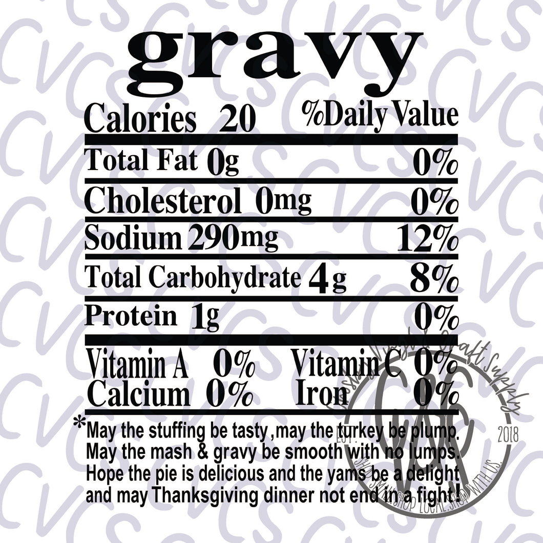 Nutritional Value - Gravy *** SUBLIMATION ONLY ***