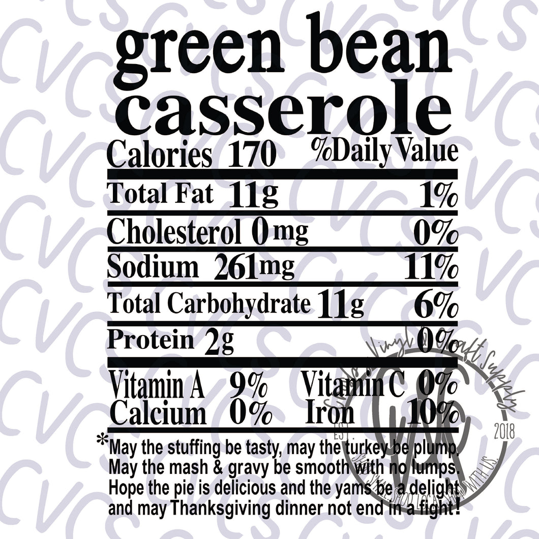 Nutritional Value - Green Bean Casserole *** SUBLIMATION ONLY ***