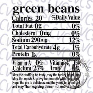 Nutritional Value - Green Beans *** SUBLIMATION ONLY ***