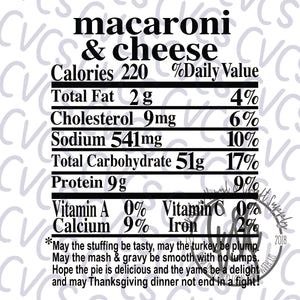 Nutritional Value - Macaroni & Cheese *** SUBLIMATION ONLY ***