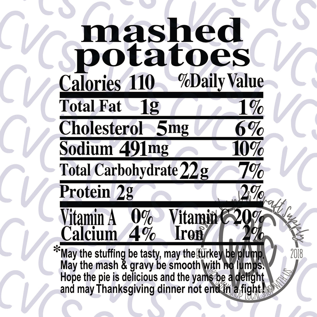 Nutritional Value - Mashed Potatoes *** SUBLIMATION ONLY ***