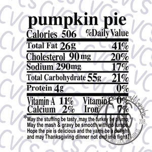 Nutritional Value - Pumpkin Pie *** SUBLIMATION ONLY ***