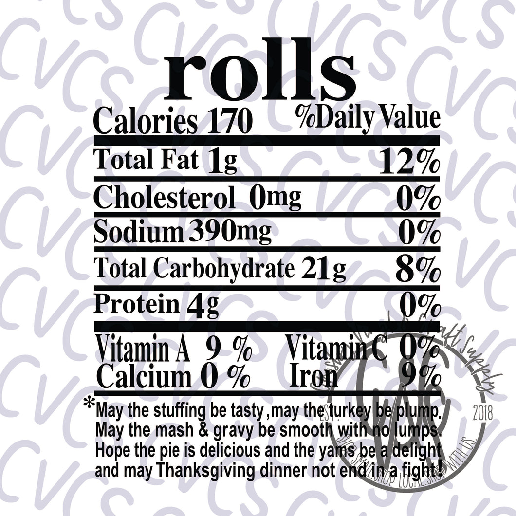 Nutritional Value - Rolls *** SUBLIMATION ONLY ***