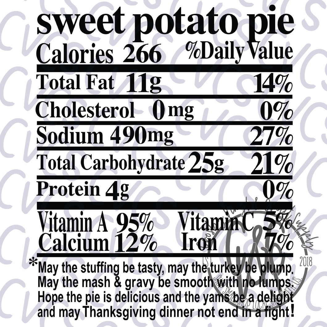 Nutritional Value - Sweet Potato Pie *** SUBLIMATION ONLY ***