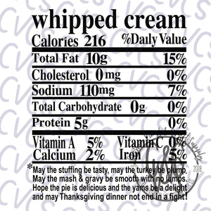Nutritional Value - Whipped Cream *** SUBLIMATION ONLY ***