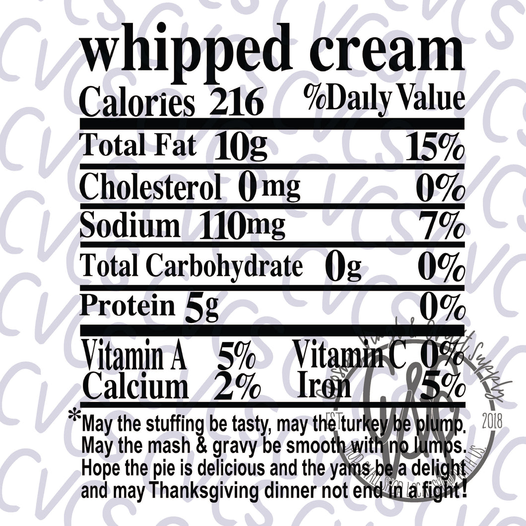 Nutritional Value - Whipped Cream *** SUBLIMATION ONLY ***