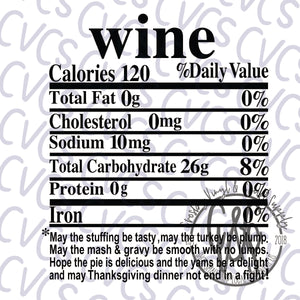 Nutritional Value - Wine *** SUBLIMATION ONLY ***
